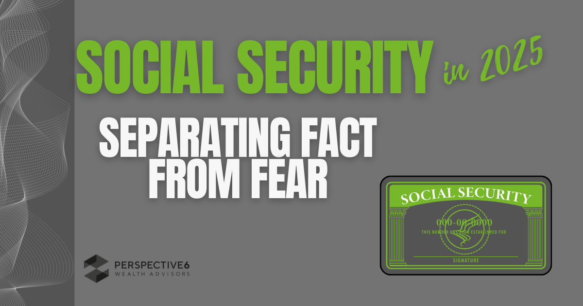 Cover image for article with gray background and a wave pattern graphic on the far left. Wording stating Social Security in 2025: Separating Fact From Fear with a gray and green graphic of a Social Security card.