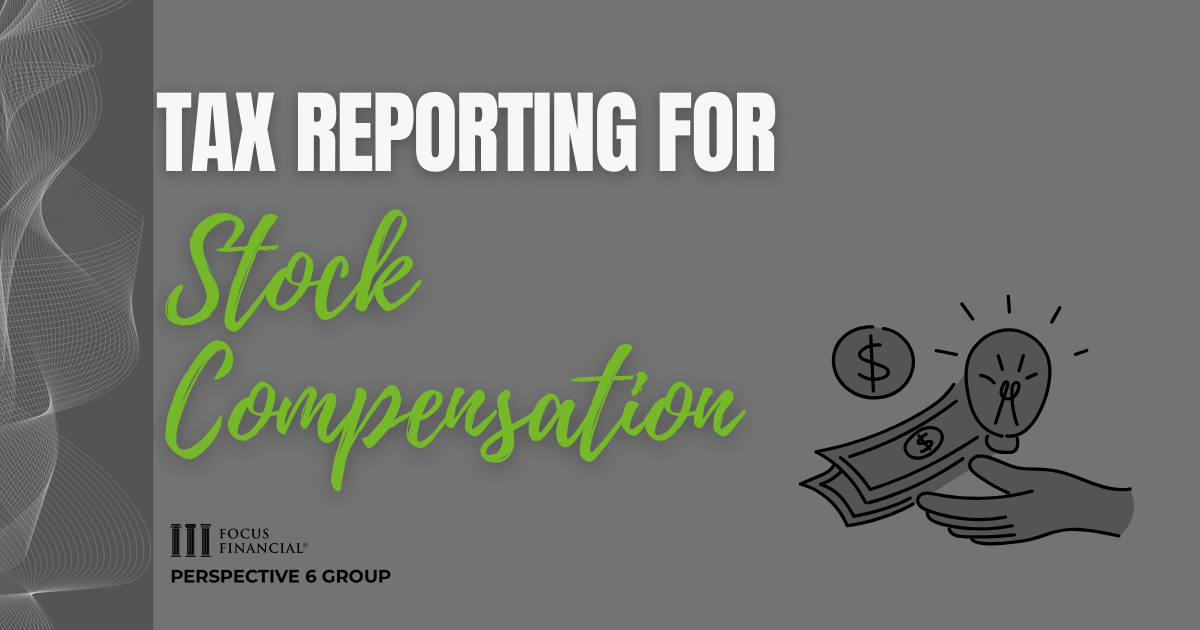Cover image for article with gray background and a wave pattern graphic on the far left. Wording stating Tax Reporting for Stock Compensation with a gray graphic with black outline of a hand holding money with a dollar sign and lightbulb.