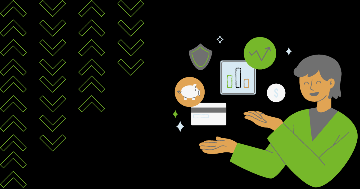 Graphic of a person juggling small icons. Icons include piggy bank, credit card, shield, coin, and stock ticker to illustrate the investment decisions of restricted stock units like tax.