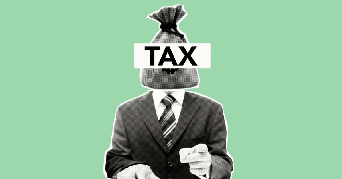 A man pointing straight out with a money bag labeled tax over his head to showcase the expiration of tax law TCJA.