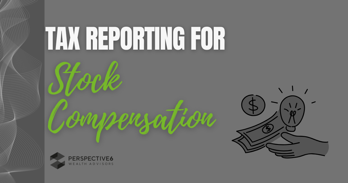Cover image for article with gray background and a wave pattern graphic on the far left. Wording stating Tax Reporting for Stock Compensation with a gray graphic of various money types.